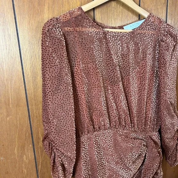 ASTR The Label Ginger Ruched Ruffle Midi Dress Brown Polka Dot Sheer‎ Sleeve M - Picture 3 of 8